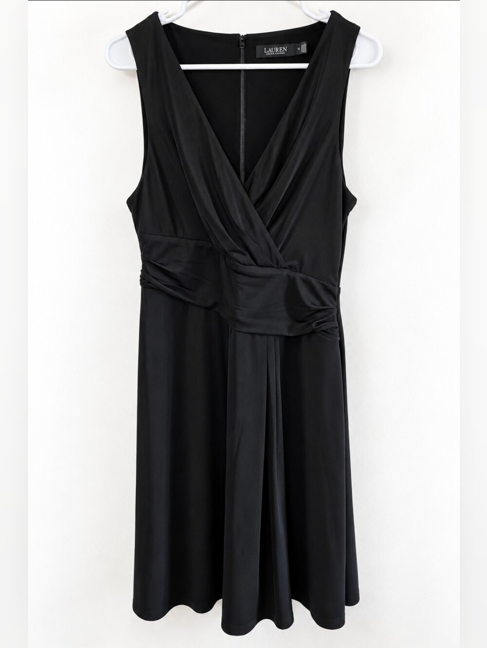 Lauren Ralph Lauren Dress Womens 12 Black Solid Faux Wrap Ruched Sleeveless Midi